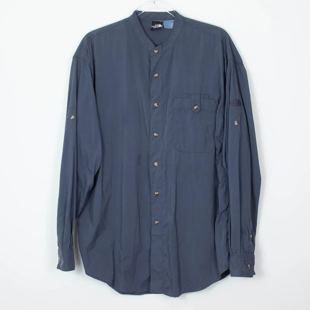 North Face Button Down Tab Sleeve Mock Neck Utility Shirt Gray Mens Size XL